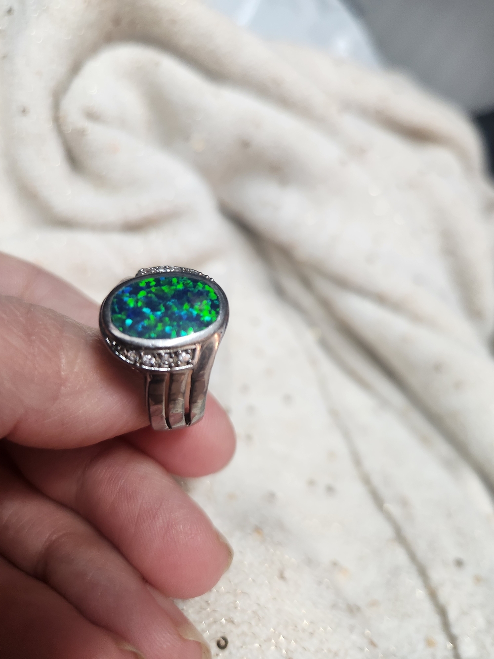 Sterling Silver Blue-Green Opal Ring with Accent Stones